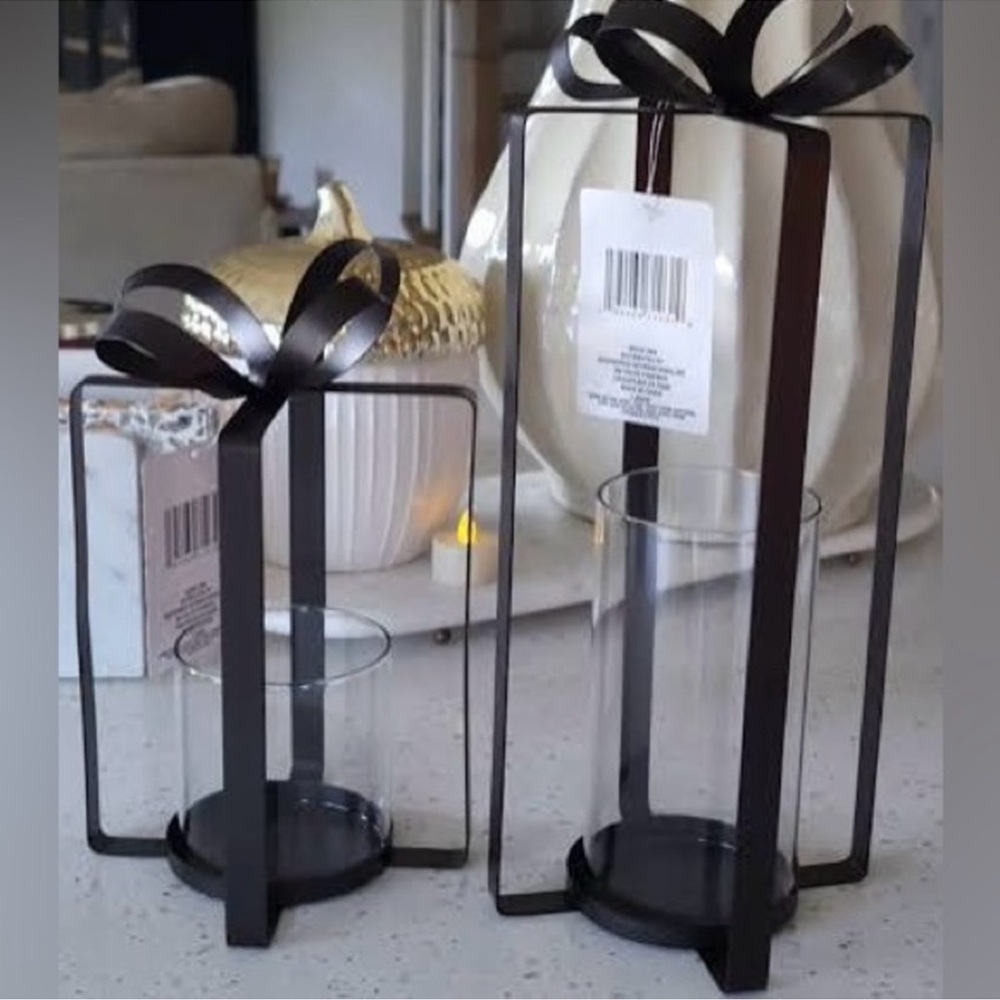Viral Black Metal And Glass Bow Candle Lanterns, OS